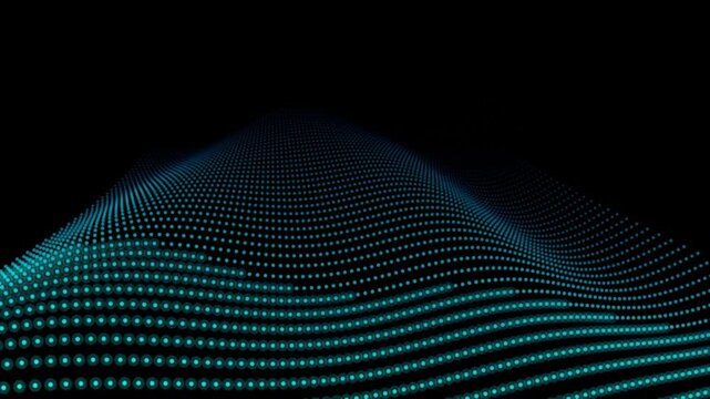 Abstract digital landscape with blue glowing particles forming a wave pattern on a black background