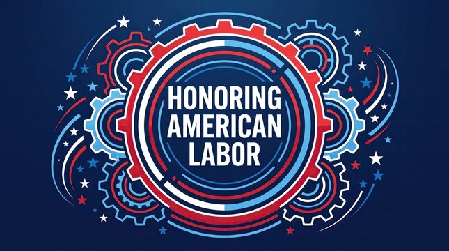 Labor Day celebration graphic design featuring Honoring American Labor typography centered within a dynamic mechanical gear mechanism and star icons on a deep blue background for national.