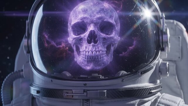 Astronaut visor reflecting a glowing purple skull nebula in deep space