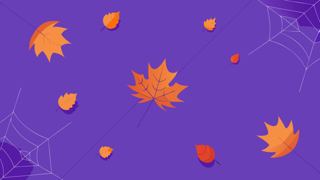 Autumn leaves drifting across purple background with subtle spider webs is excellent for cozy seasonal greetings and header designs.