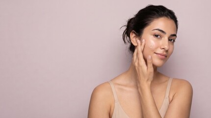 Fototapeta premium Beautiful young Asian woman applying face cream skincare beauty portrait natural soft lifestyle