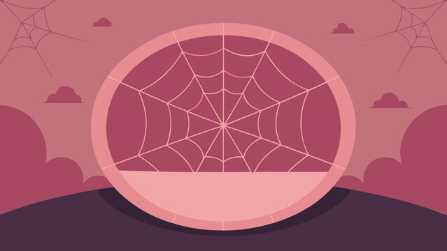 Pink landscape with central spider web circle and hill silhouettes creates soft aesthetic halloween setting for feminine holiday stationery.