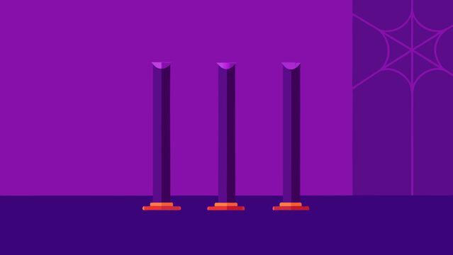 Abstract halloween scene with three purple columns standing on a dark base with a spiderweb in the upper right corner.
