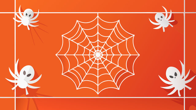 Halloween themed orange background with a central white spiderweb and four white paper-cut spiders in the corners.
