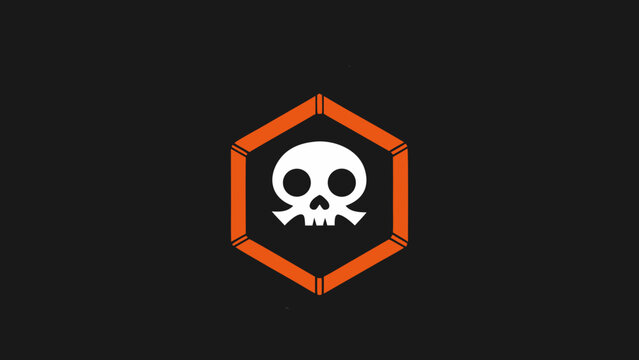 Skull head icon centered in orange hexagon frame on black backdrop suitable for modern edgy streetwear logos or gaming branding.