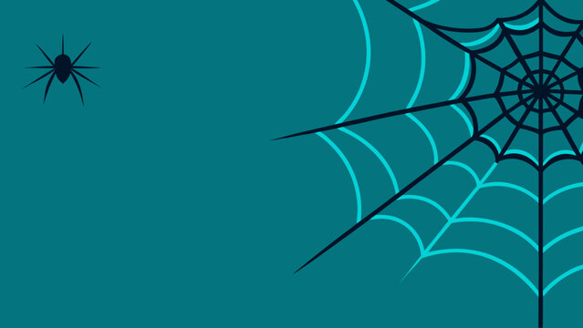 Detailed spider web structure with silhouette of arachnid on teal backdrop perfect for mysterious seasonal web banner backgrounds.