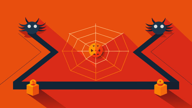 Orange background layout with central spider web and candle decor plus two dark spiders for festive mystery party invitation cards.