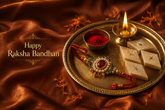 Red gemstone ornamental rakhi on brass plate with kaju katli sweets kumkum and diya celebrating happy raksha bandhan on luxury silk fabric