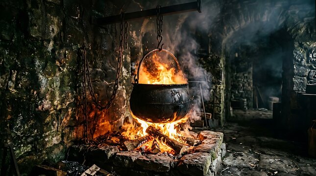 Traditional outdoor cauldron boiling over an open flame for authentic cooking experience