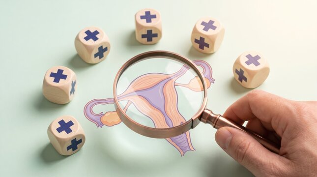 Medical illustration of female reproductive system with magnifying glass