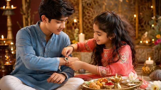 Happy raksha bandhan celebration with cute little sister tying colorful rakhi on brother wrist sitting with festive thali laddu and glowing diya