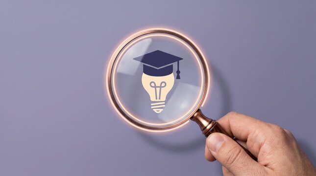 Education concept with graduation cap and lightbulb through magnifying glass