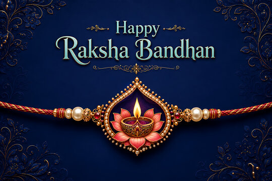 Happy raksha bandhan greeting banner background design with glowing oil lamp diya and ornate golden rakhi emblem on elegant royal blue backdrop