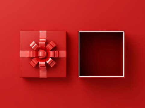 An open red gift box with a red ribbon and bow sits beside its lid on a plain red background, perfect for showing anticipation or reveals.