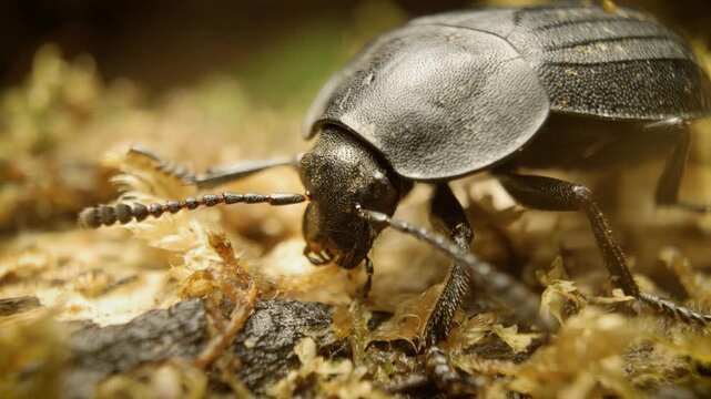detailed macro view of a carrion beetle ( silpha tristis)