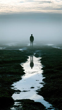 Silhouette of a man standing in fog on a mossy rocky shore