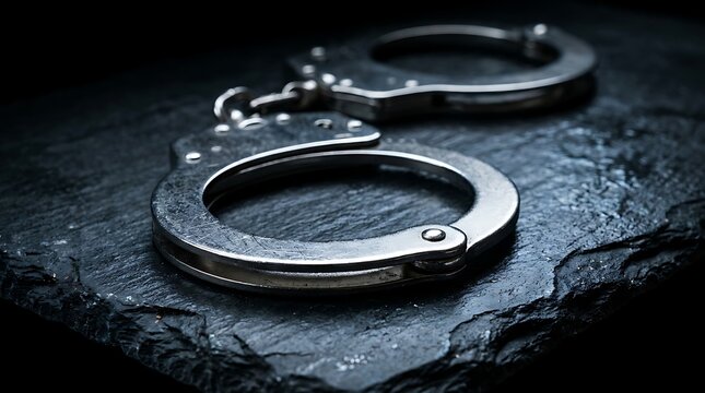 Shiny steel handcuffs on rough black stone slate table symbolize felony arrest police custody courtroom trials penalty and judiciary criminal deterrence concept.