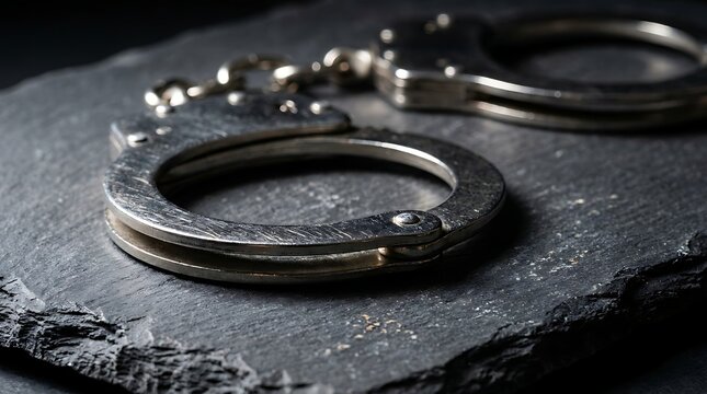 Chrome police handcuffs lying on textured dark slate slab illustrate concept of legal arrest criminal defense detention punishment and law enforcement procedures.