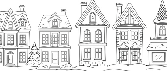 Obraz premium Cozy Winter Village Street Vector Illustration with Snow Covered Houses, European Buildings, and Pine Trees for Coloring Book, Christmas Cards, and Line Art Patterns