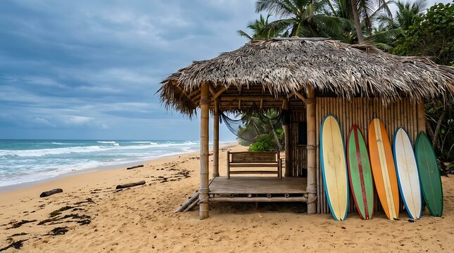 Tropical beach hut with surfboards on sandy shore, turquoise ocean waves and cloudy sky, serene paradise vacation scene, island relaxation, summer holiday getaway.