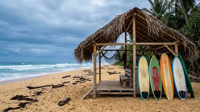 Tropical beach hut with surfboards on sandy shore, turquoise ocean waves and cloudy sky, serene paradise vacation scene, island relaxation, summer holiday getaway.
