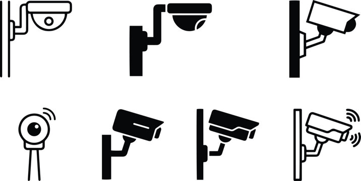 Surveillance camera vector icon set representing CCTV security monitoring protection safety wall dome wireless IP camera system on white background