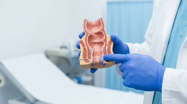 Proctologist holding anatomical rectum model for hemorrhoid treatment and medical education