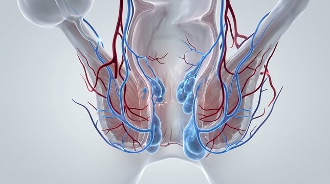 3D medical illustration of human hemorrhoids showing internal and external venous plexus.