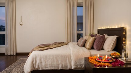 Naklejka premium Cozy modern bedroom interior decorated with glowing traditional oil lamps for the beautiful hindu festival of diwali celebration