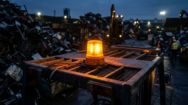 Glowing orange safety beacon on forklift at scrap metal recycling yard during evening shift.