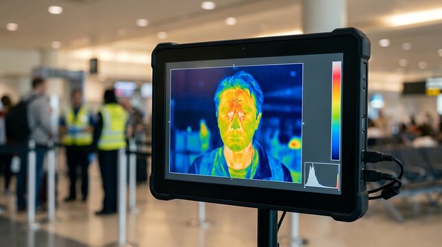 Thermal imaging camera scans passenger for fever detection in busy public transport hub