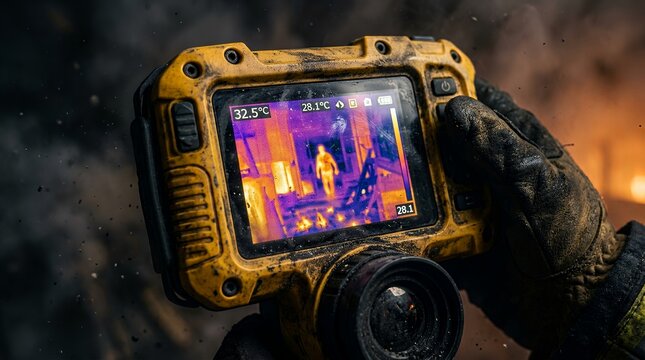 Firefighter using thermal imaging camera to locate victims in dark smoke filled building.