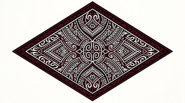 Intricate diamond-shaped embroidered textile with bold geometric tribal patterns.