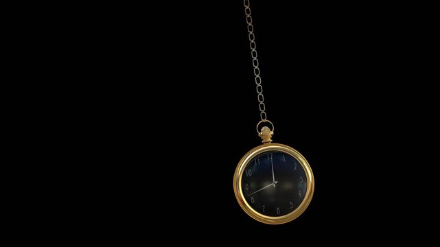 Vintage golden pocket watch on a metal chain swinging against a black background representing the concept of time