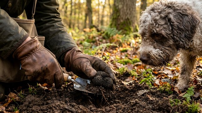 Truffle hunter using a metal spade to excavate black truffles with a trained dog in forest.