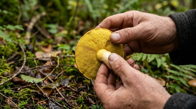 Hand holding fresh wild chanterelle mushroom with gills visible in autumn forest