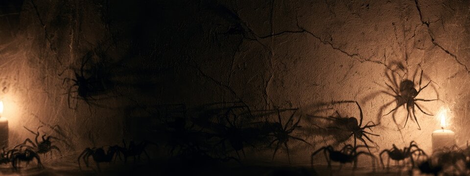 Creepy Shadows of Crawling Spiders Cast on Wall with Candlelight Glow Illuminating Eerie Silhouettes and Dark Atmosphere
