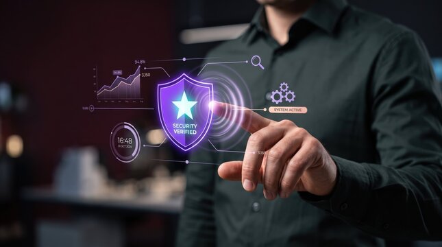 man interacting with virtual security shield interface