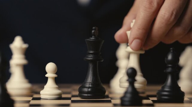 business hand holding a white chess king taking black king, checkmate concept