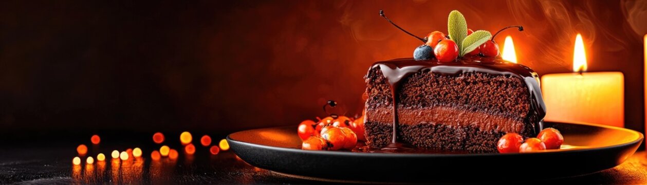 A decadent chocolate cake slice, adorned with berries and candles.