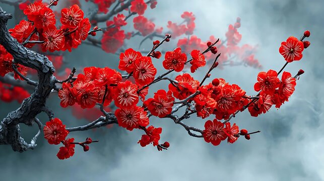 Red and pink cherry blossom branches with green leaves on light blue background