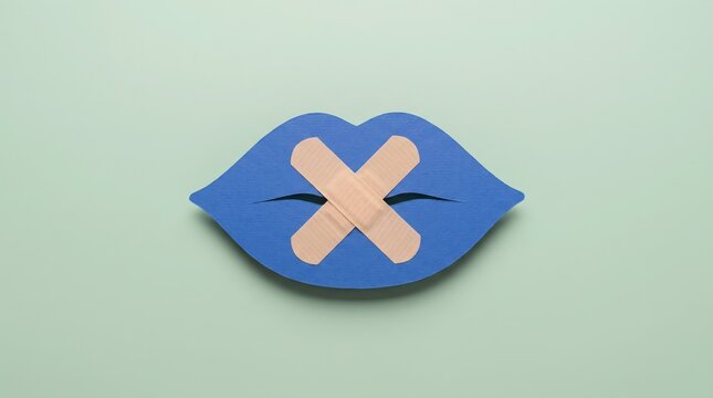Silenced blue lips with bandages covering mouth