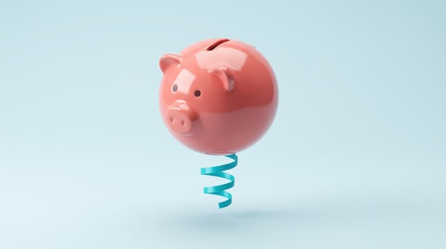 Pink piggy bank with blue ribbon floating in air