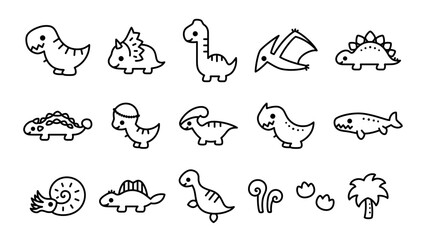 シンプルな線の恐竜のアイコンのイラスト素材セット_線のみ © ふわぷか