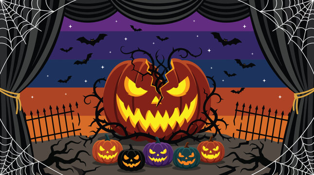 A spooky halloween stage backdrop featuring a large jack o' lantern and smaller pumpkins perfect for theatrical performances and festive decorations