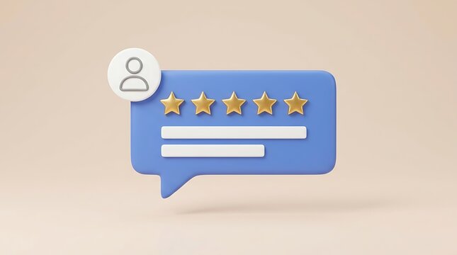 Customer review and feedback concept, a blue 3D speech bubble with five golden stars, user profile icon, and text lines, representing online rating and satisfaction