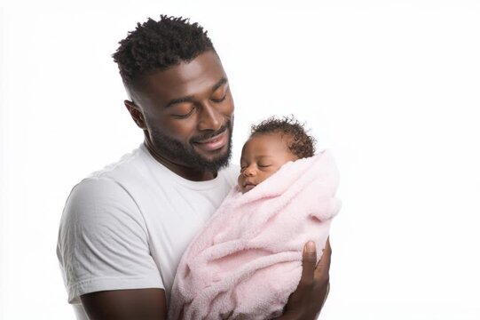 Loving black father tenderly holding and kissing his sleeping newborn baby on white background