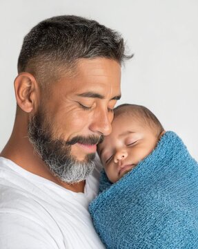 Handsome bearded father gently holding and kissing his sleeping newborn child on a white background