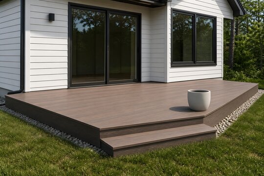 Modern wooden deck outside a white house with sliding glass doors