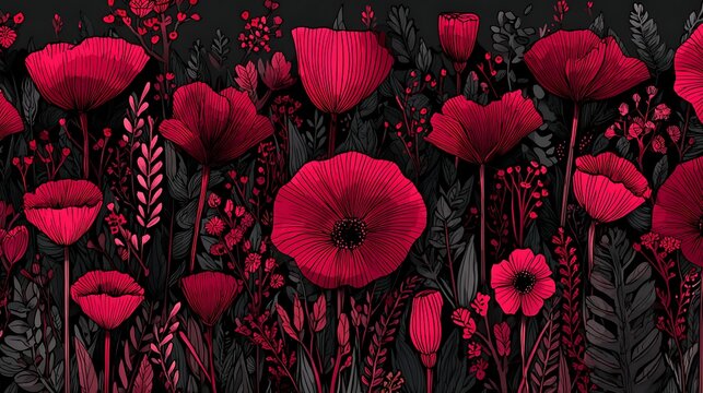 Red poppies with black centers and green stems on dark background poppy flower